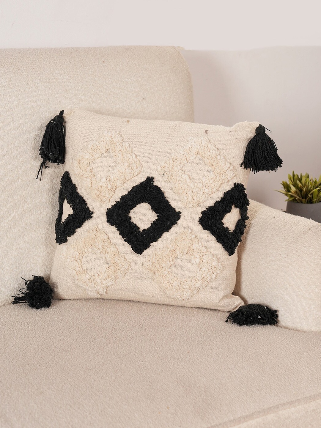 

Art Avenue Cream-Coloured & Black Embroidered Cotton Square Cushion Cover