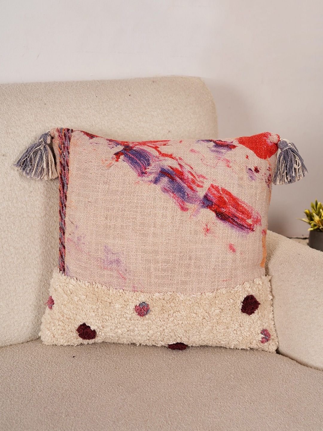 

Art Avenue Off White & Red Embroidered Cotton Square Cushion Cover