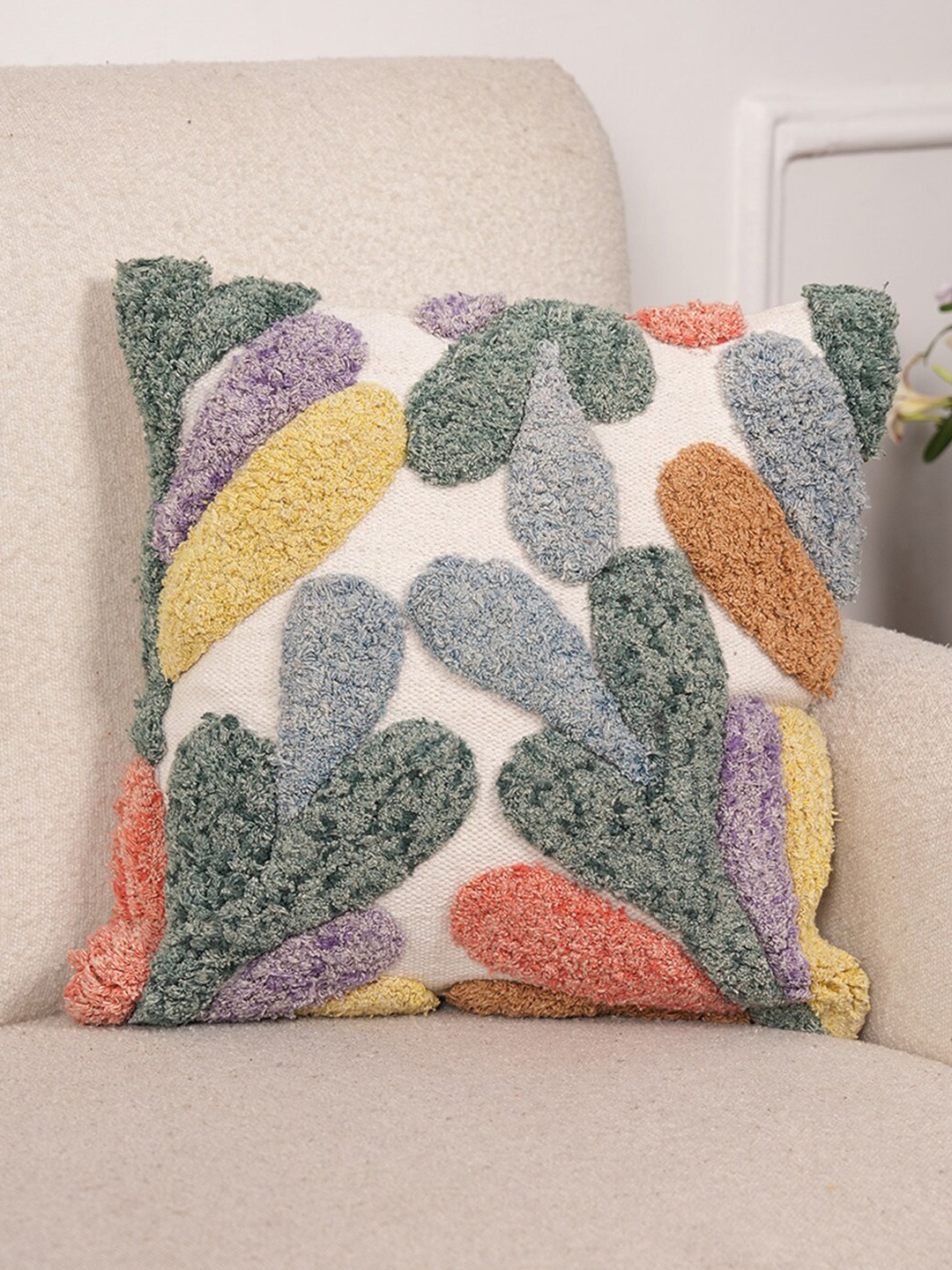 

Art Avenue Cream-Coloured & Green Self Design Cotton Square Cushion Cover