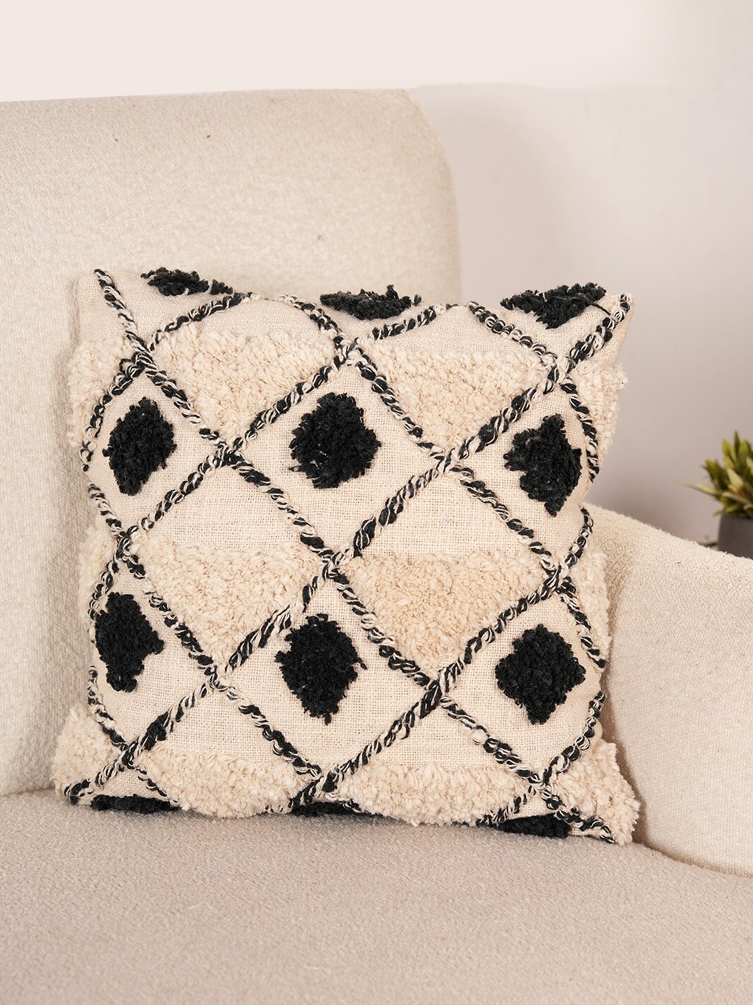 

Art Avenue Betan Cream-Coloured & Black Embroidered Cotton Square Cushion Cover