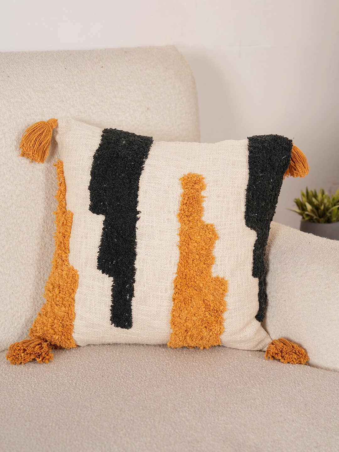 

Art Avenue Assymetry White & Mustard Yellow Self Design Cotton Square Cushion Cover