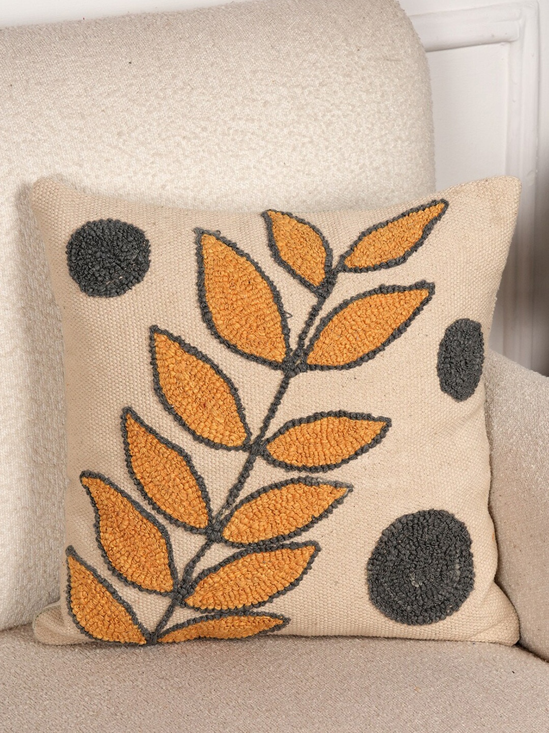 

Art Avenue Beige & Mustard Embroidered Square Cushion Cover