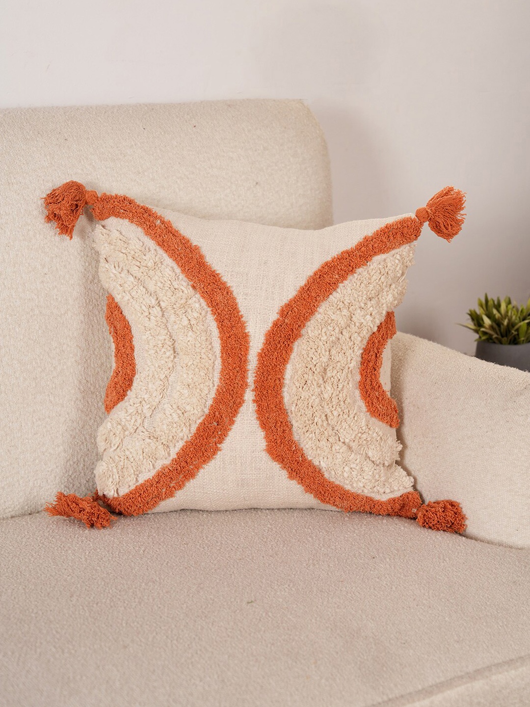 

Art Avenue White & Orange Self Design Cotton Square Cushion Cover