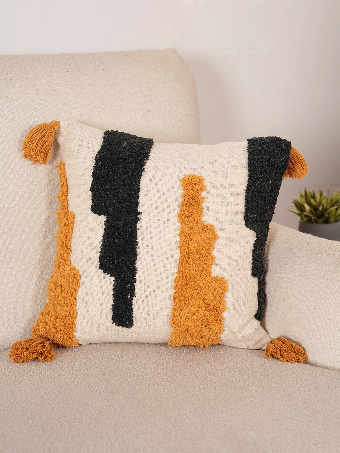 

Art Avenue White & Yellow Embroidered Cotton Square Cushion Cover
