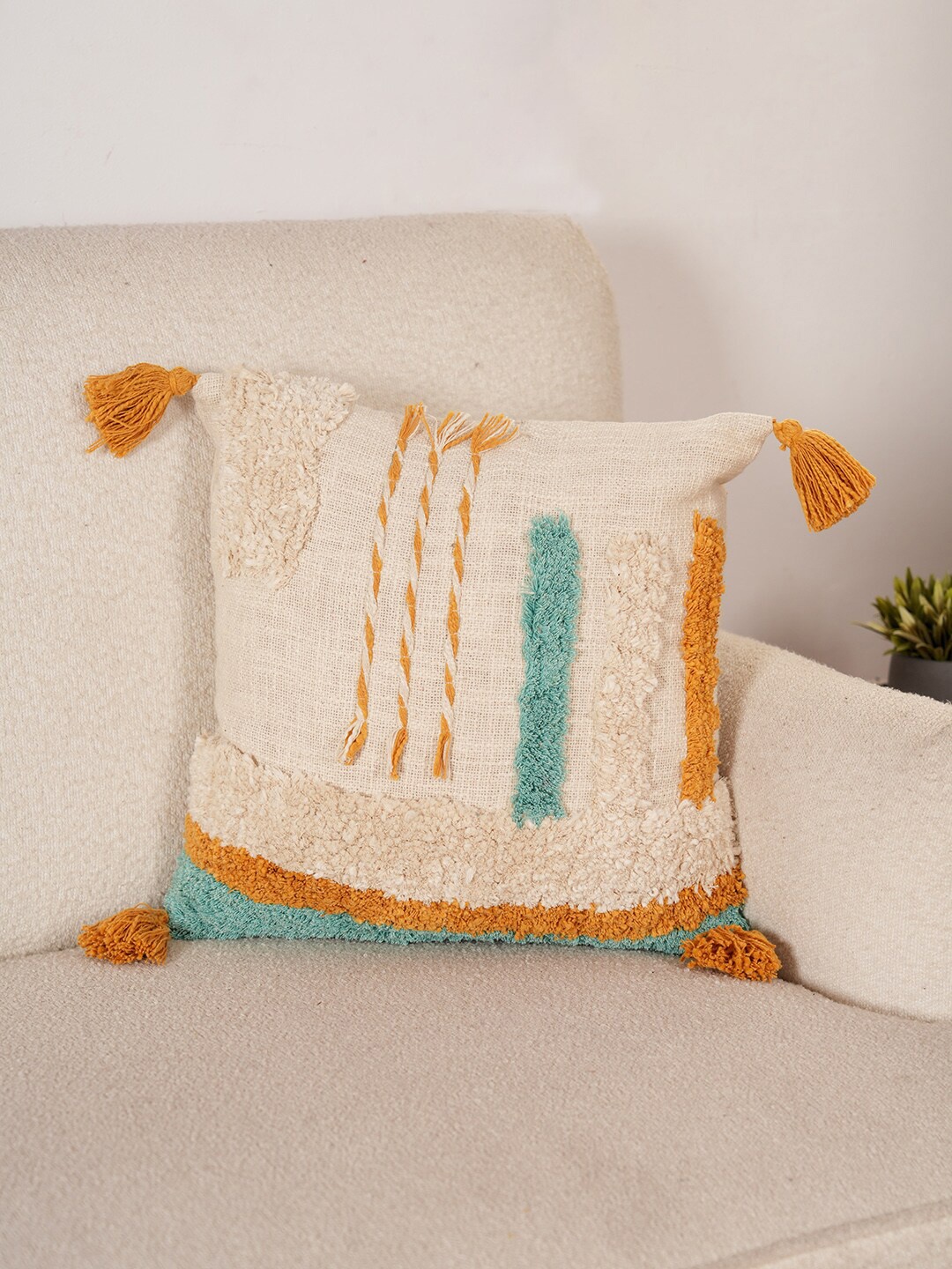 

Art Avenue White & Yellow Embroidered Cotton Square Cushion Cover