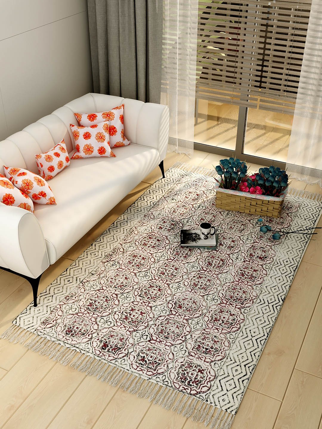 

Salona Bichona Cream-Coloured & Red Printed Pure Cotton Carpet