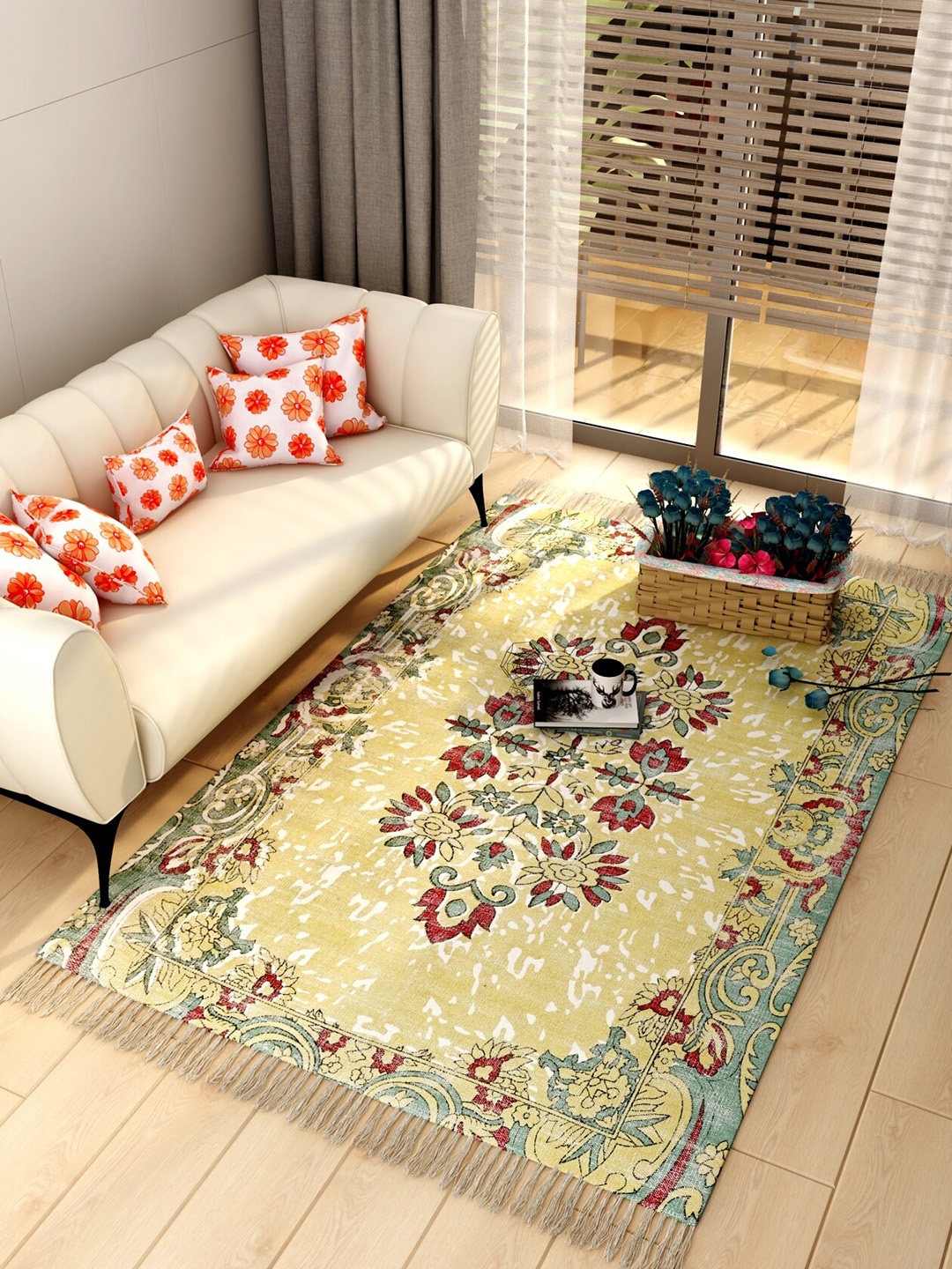 

Salona Bichona Camel Brown & Red Floral Printed Pure Cotton Carpet