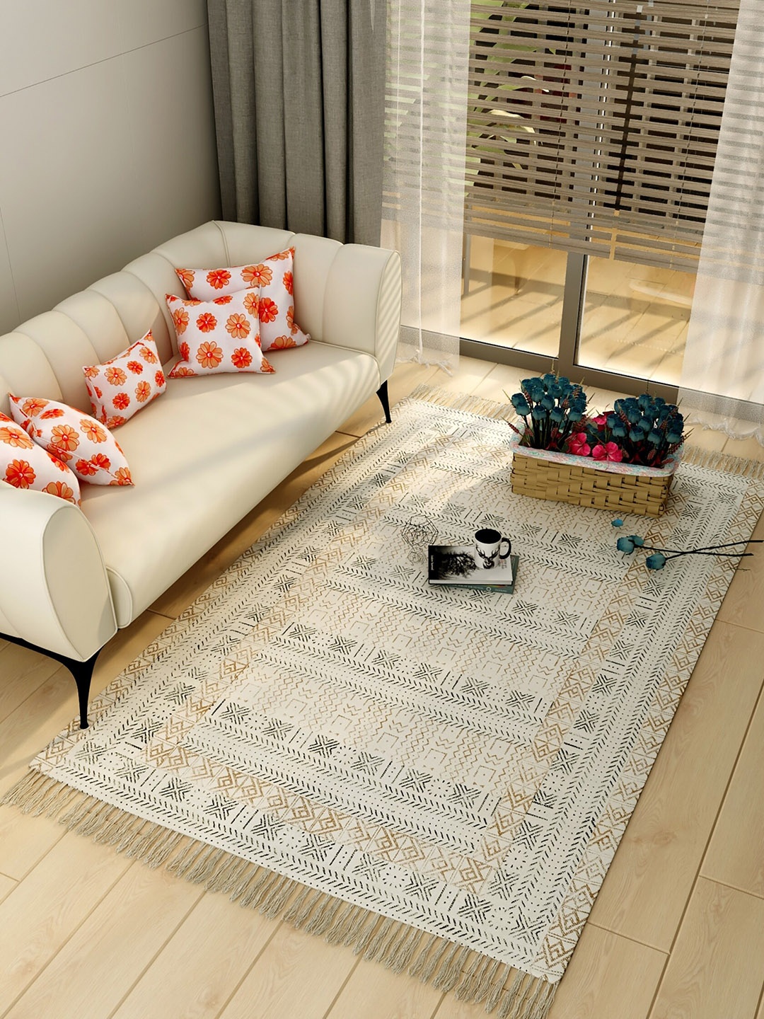 

Salona Bichona Cream-Coloured & Black Printed Pure Cotton Carpet