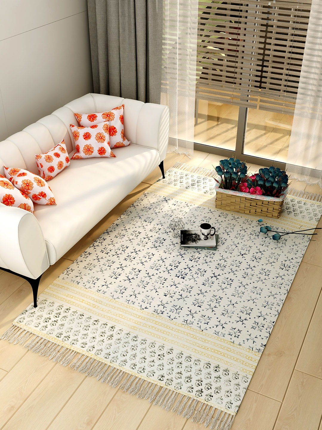

Salona Bichona White & Camel Brown Printed Pure Cotton Carpet