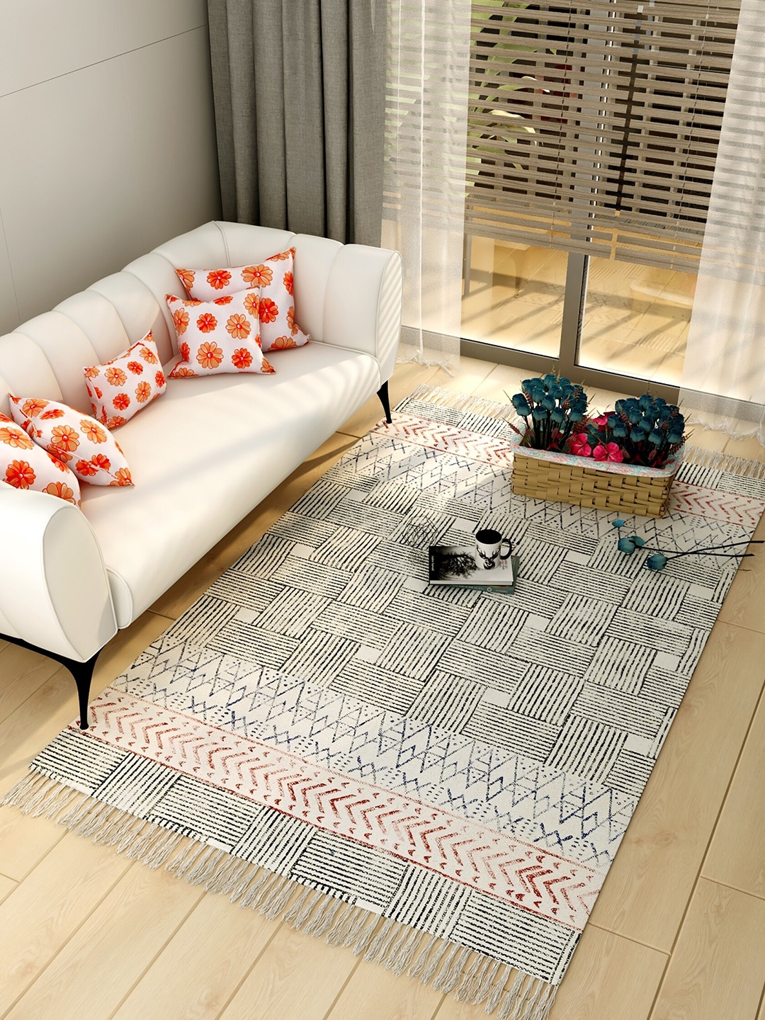 

Salona Bichona Cream-Coloured & Black Printed Pure Cotton Carpet