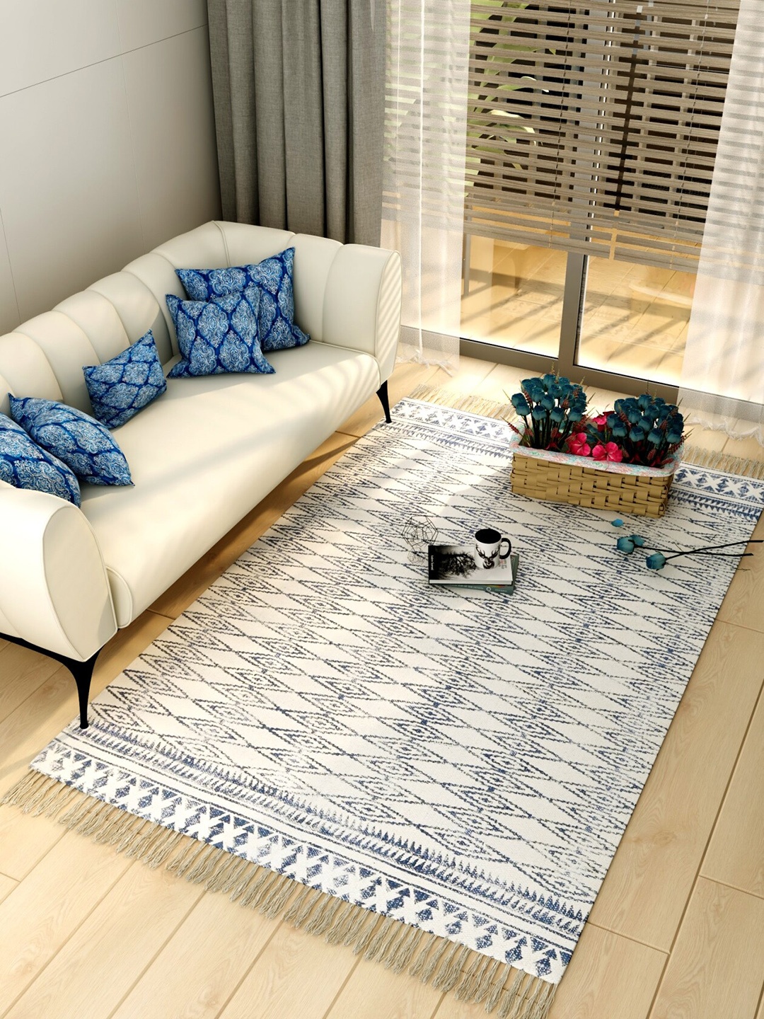 

Salona Bichona Cream-Coloured & Blue Printed Pure Cotton Carpet