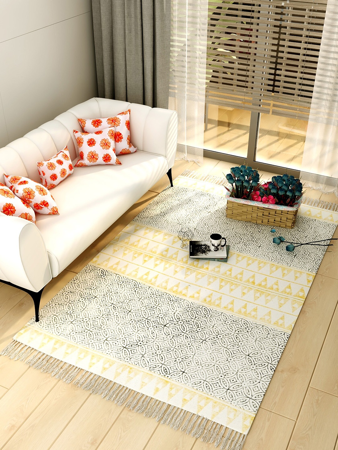 

Salona Bichona Cream-Coloured & Mustard Yellow Printed Pure Cotton Carpet