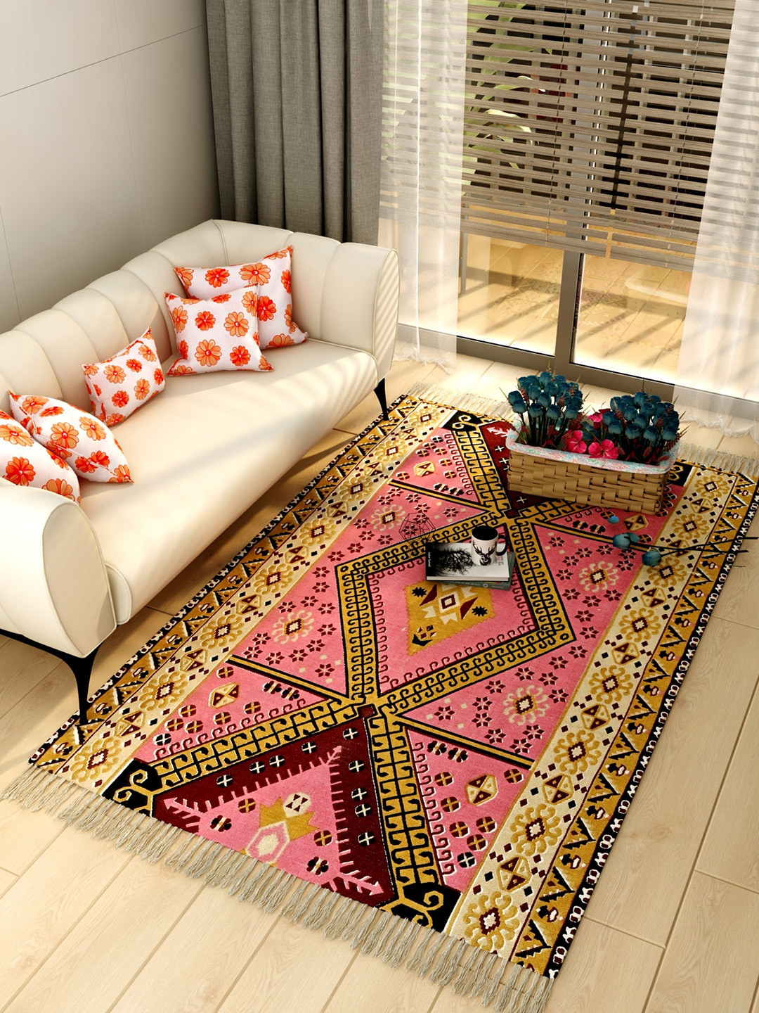 

Salona Bichona Pink & Mustard Yellow Printed Pure Cotton Carpet