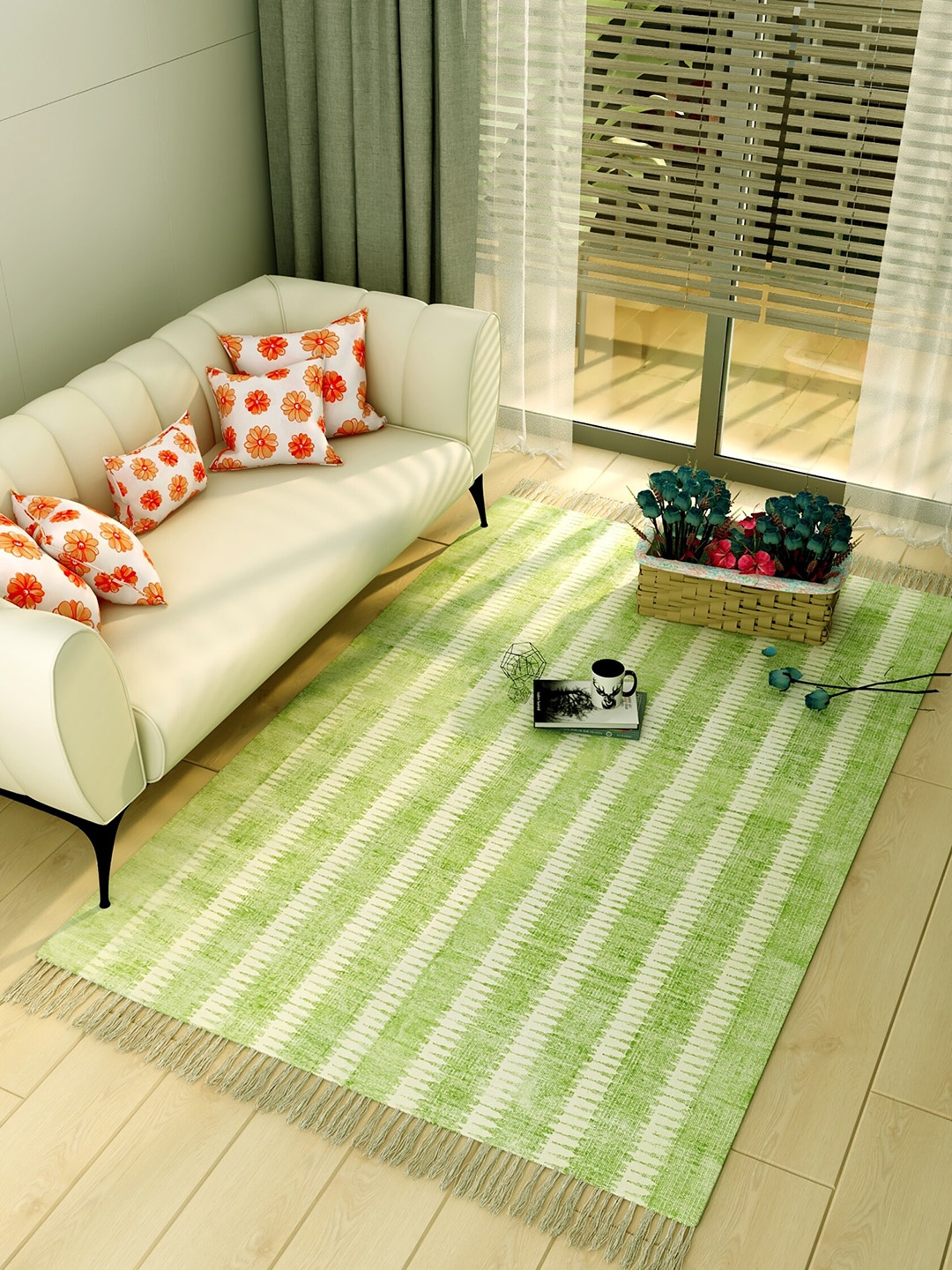 

Salona Bichona Green & Cream-Colorued Striped Pure Cotton Carpet
