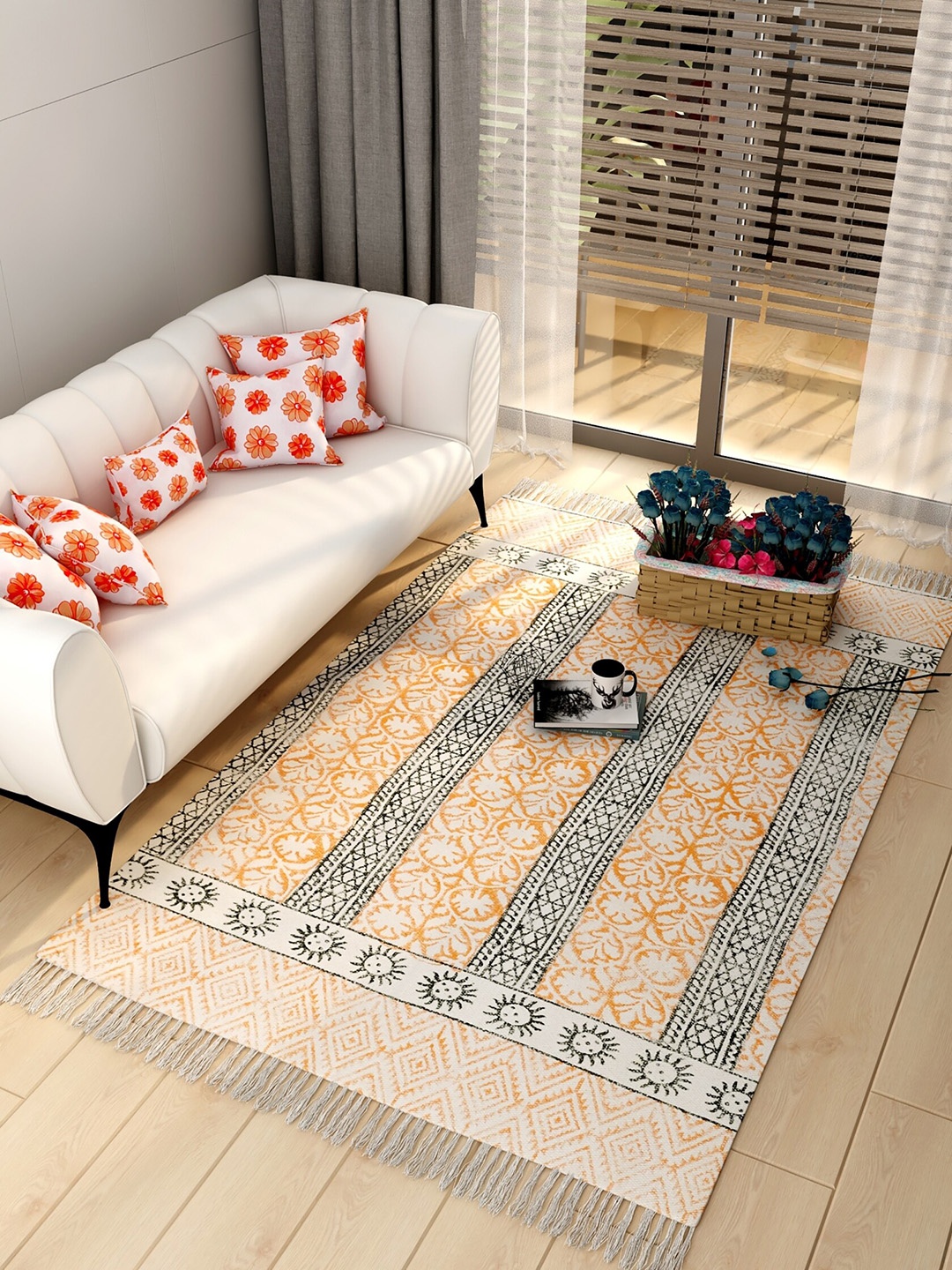 

Salona Bichona Cream-Coloured & Yellow Printed Pure Cotton Carpet