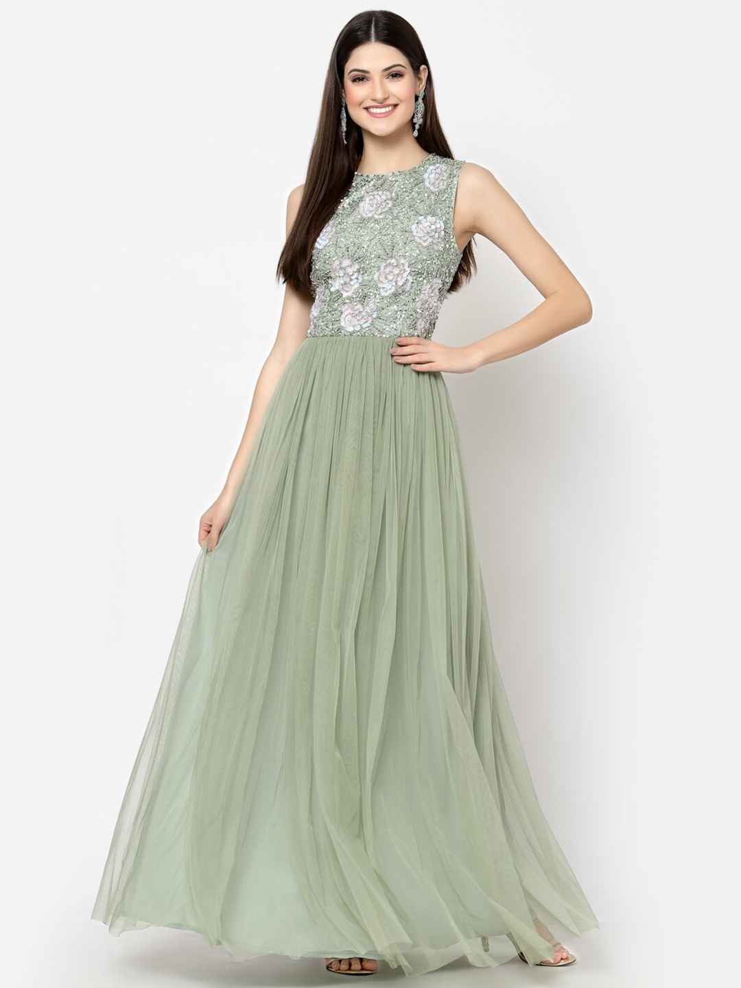 

Just Wow Floral Printed Sleeveless Maxi Dress, Green