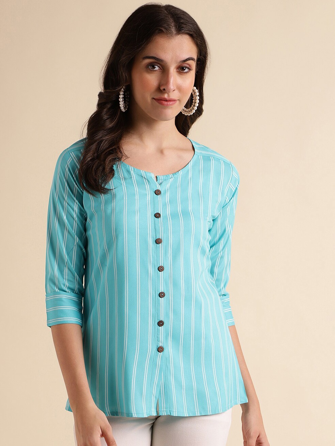 

Fabclub Striped Shirt Style Top, Turquoise blue