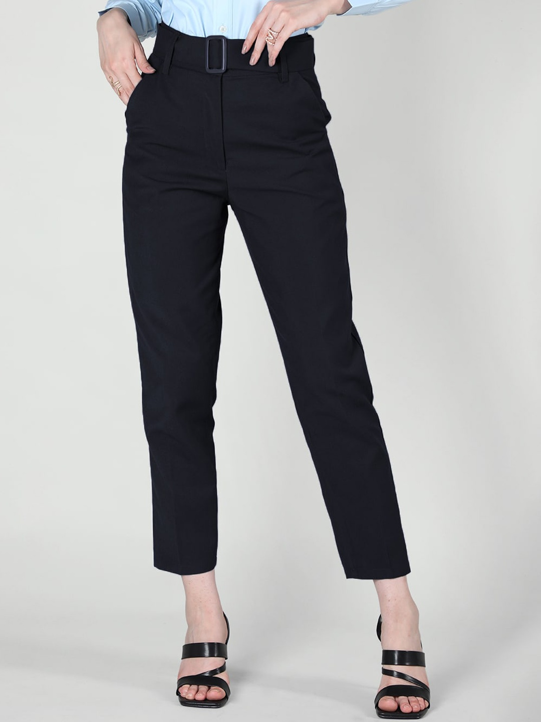 

CHKOKKO Women Mid Rise Easy Wash Formal Trousers, Navy blue