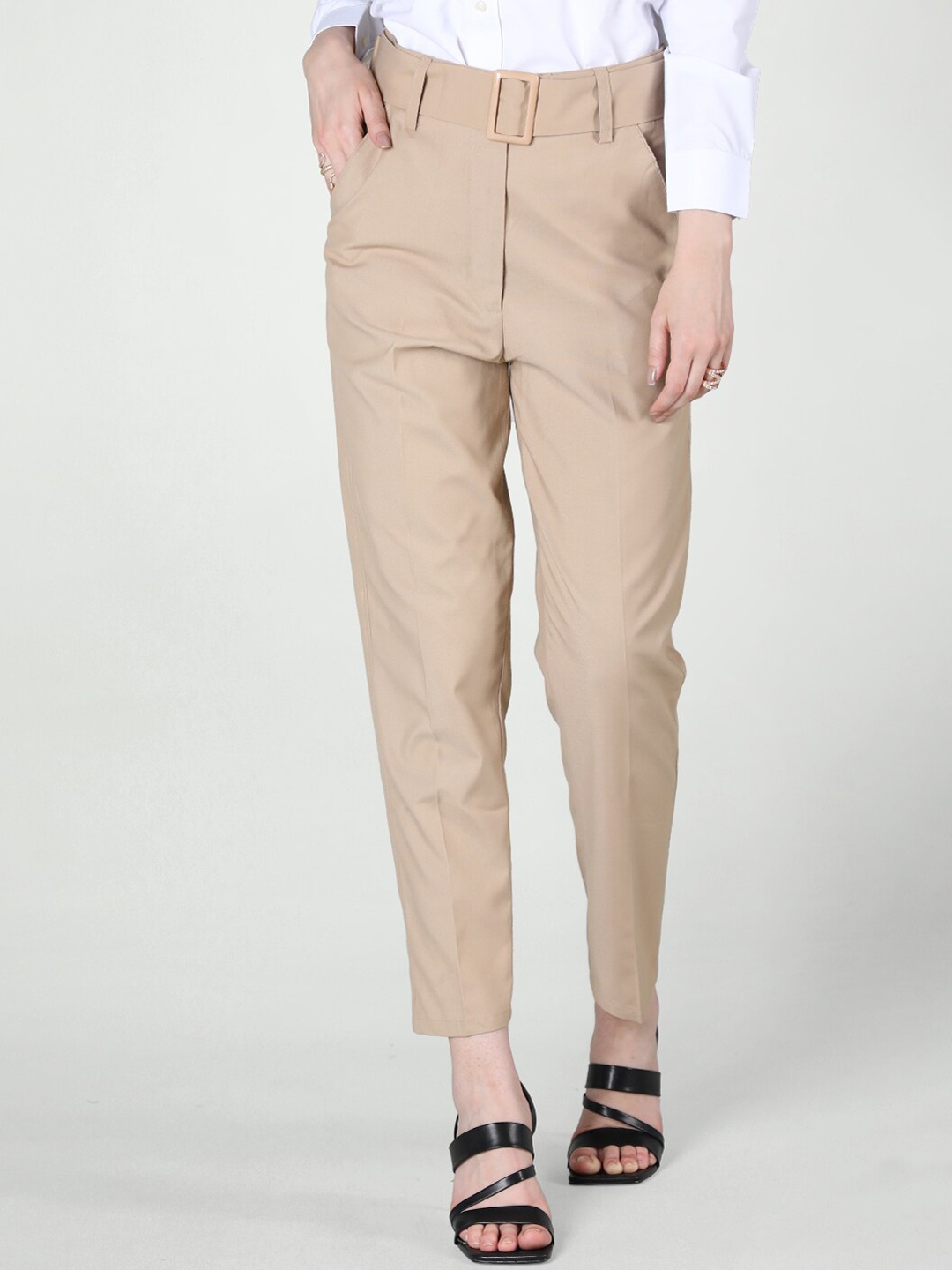 

CHKOKKO Women Mid Rise Easy Wash Formal Trousers, Camel brown