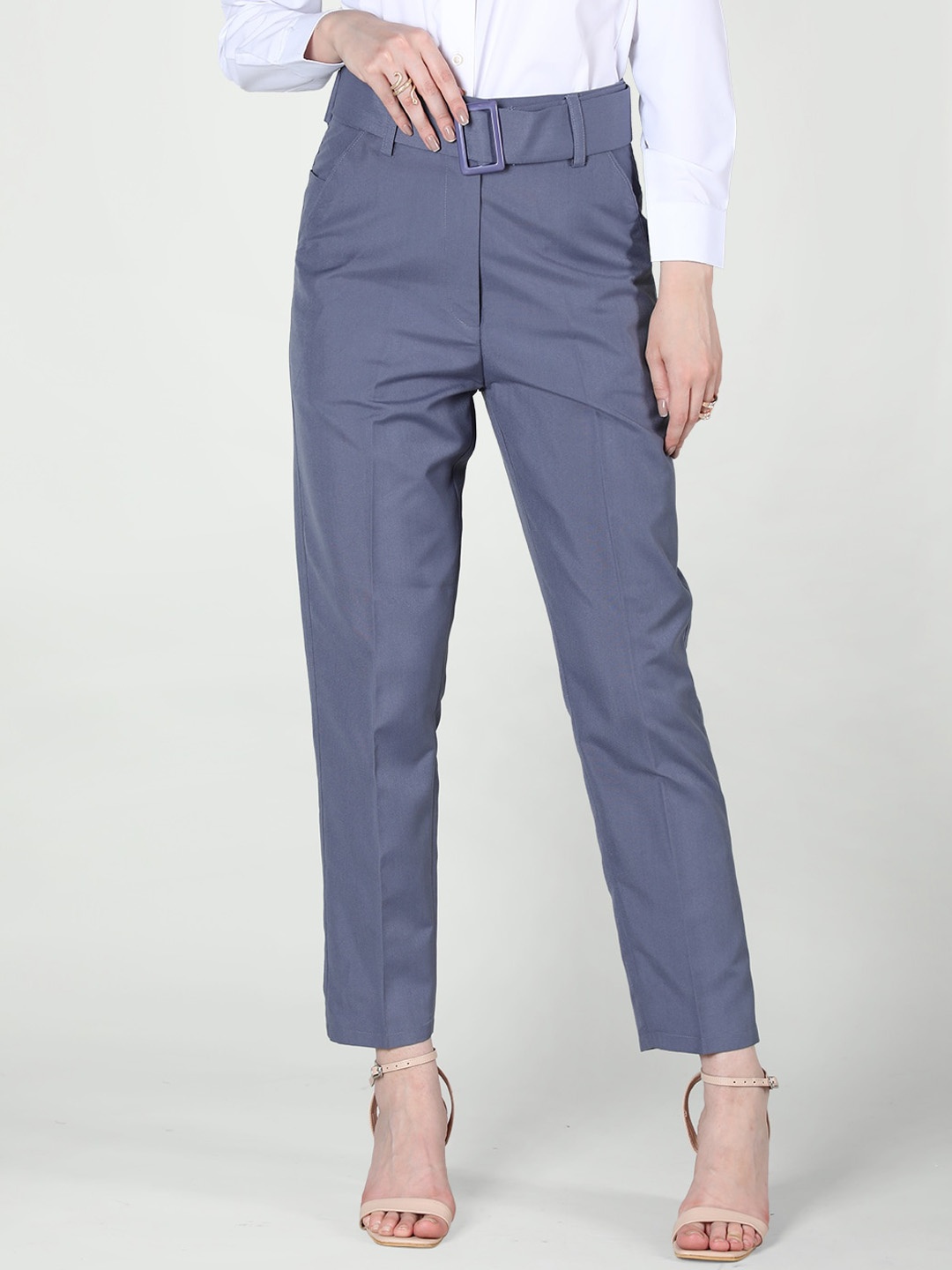 

CHKOKKO Women Mid Rise Easy Wash Formal Trousers, Grey