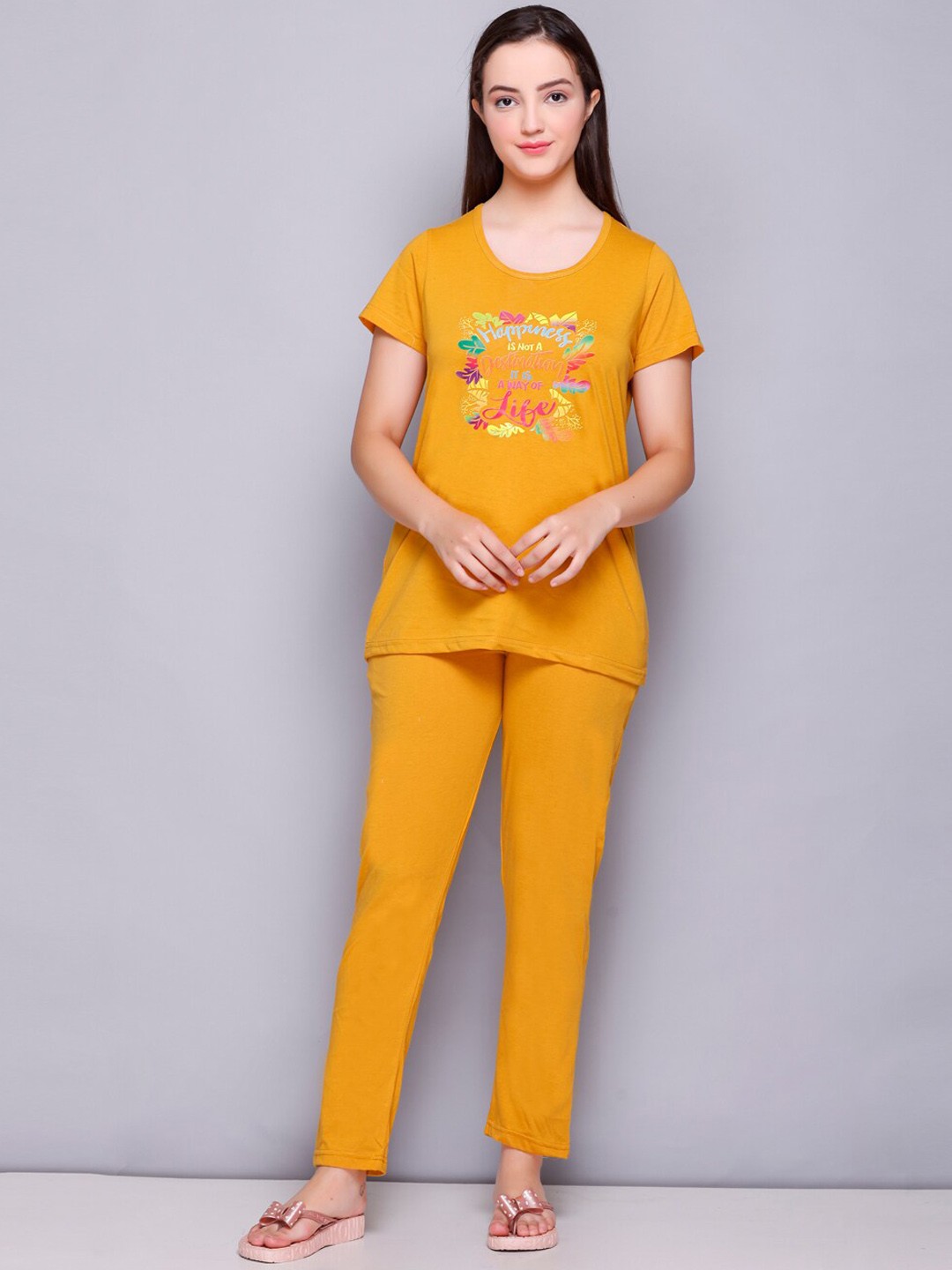 

ELPIDA Graphic Printed Pure Cotton T-Shirt With Pyjamas, Mustard