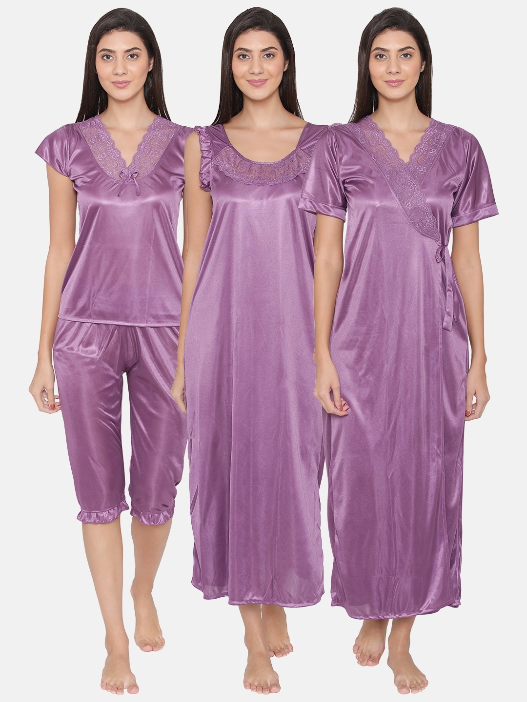 

Clovia Women Pack Of 4 Satin Nightwear, Purple