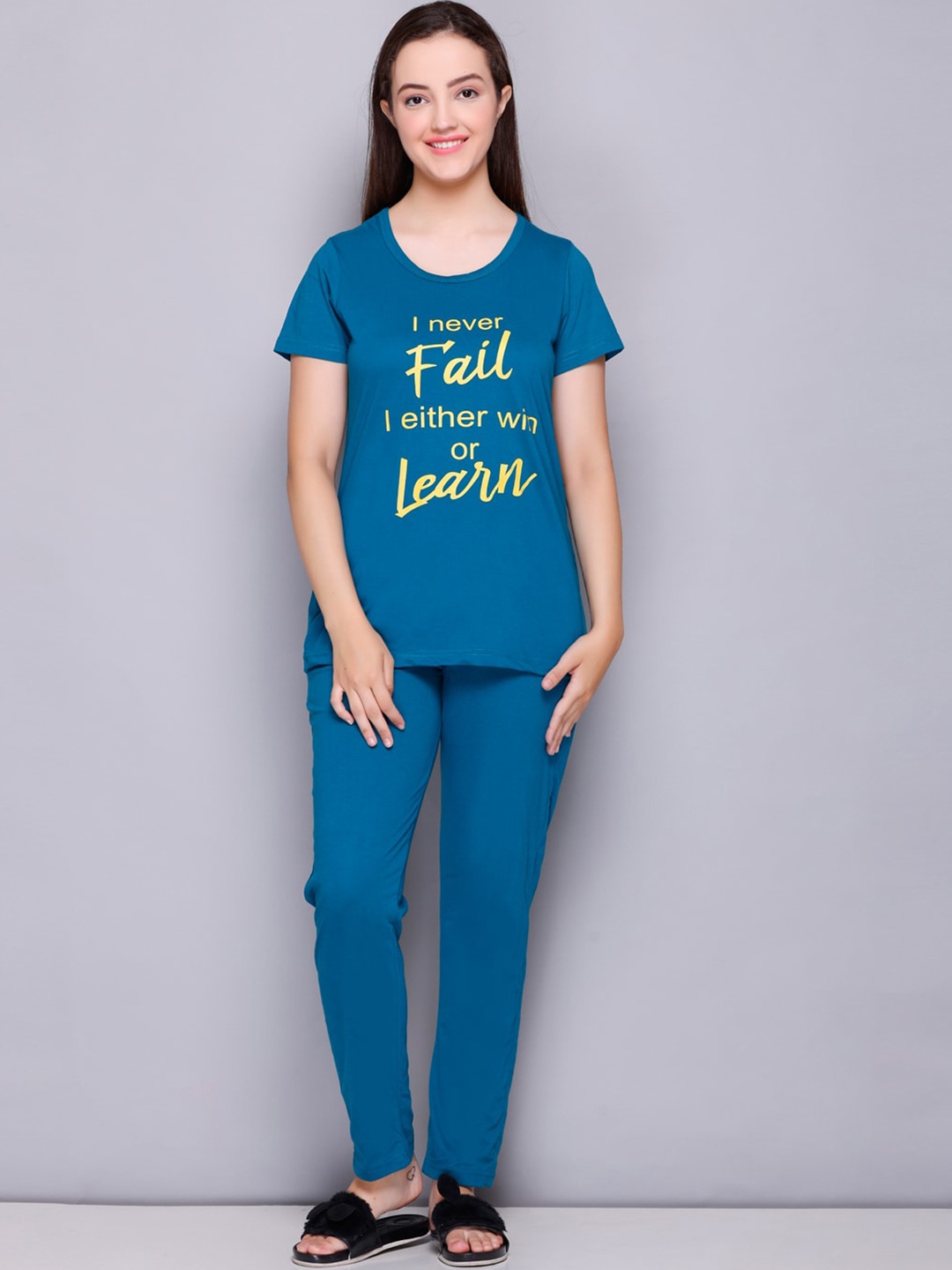 

ELPIDA Typography Printed Pure Cotton T-Shirt With Pyjamas, Blue