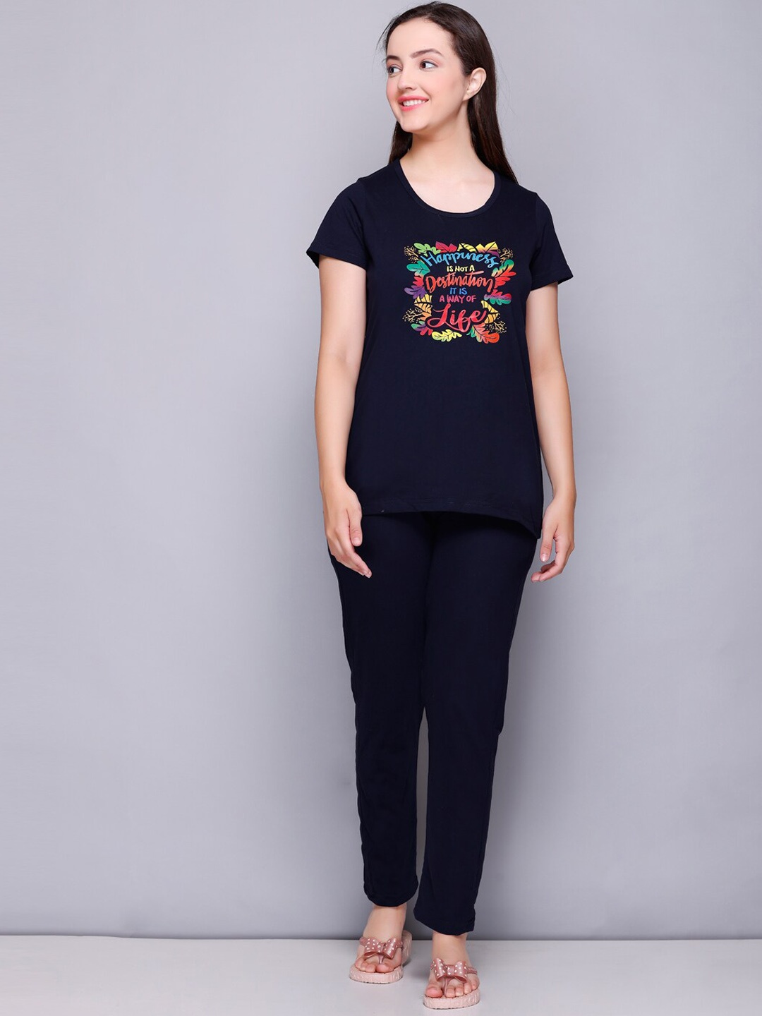 

ELPIDA Graphic Printed Night Suit, Black