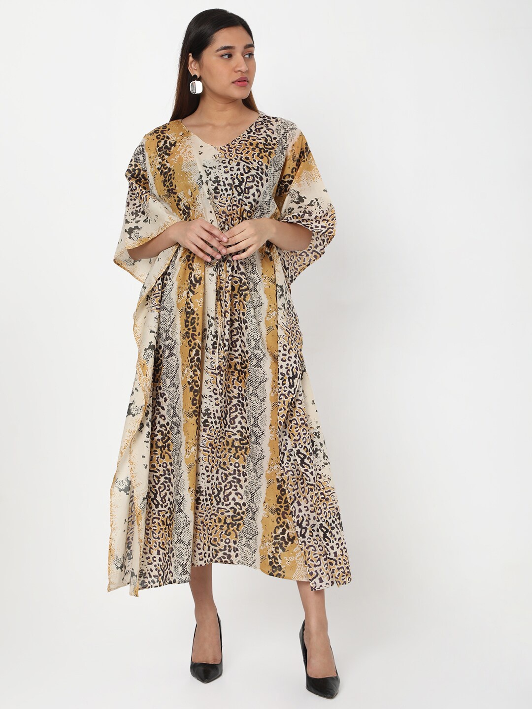 

Ashtag Animal Printed Flared Sleeve Cotton Fit & Flare Midi Dress, Beige