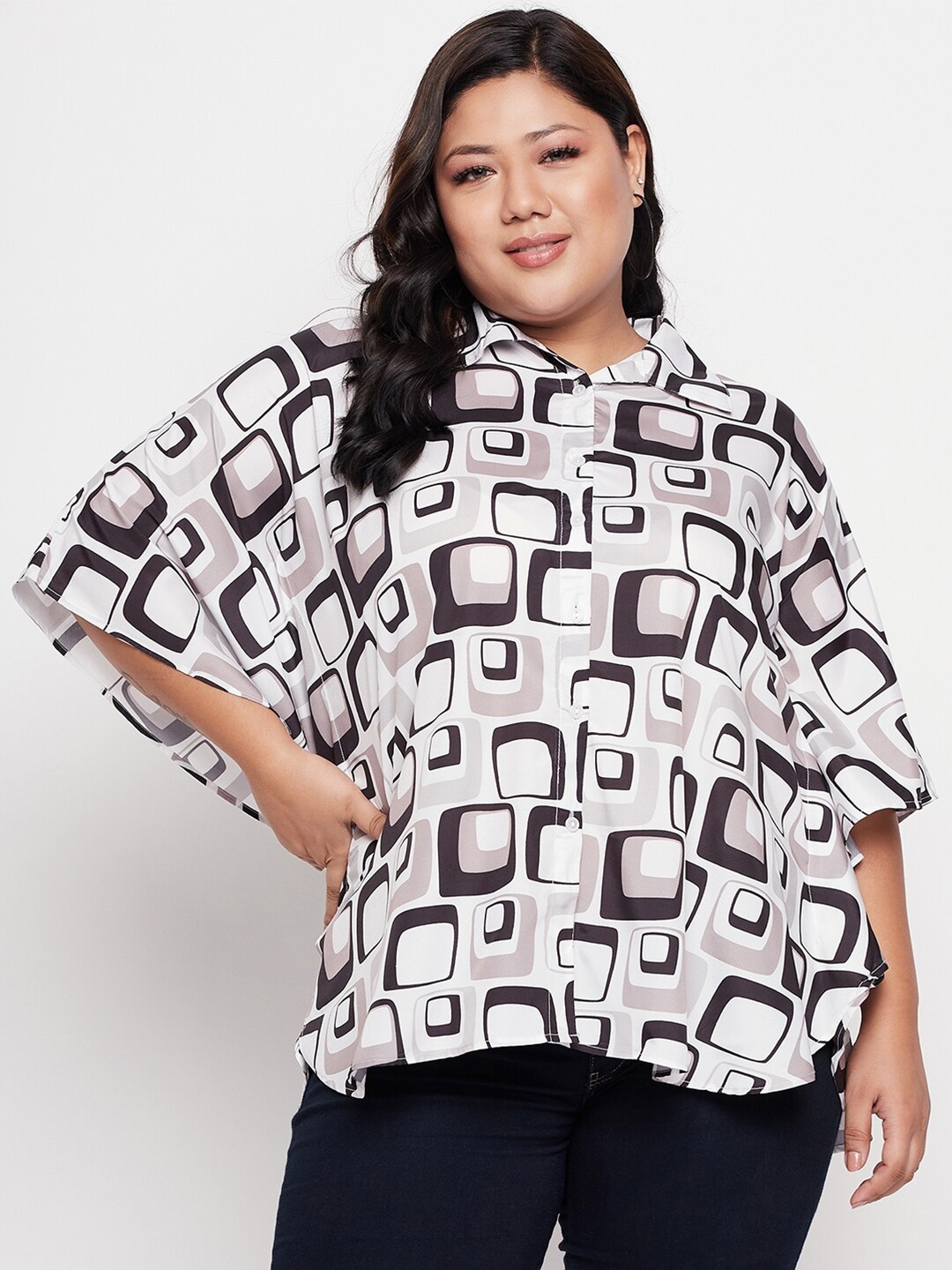 

NABIA Plus Size Print Batwing Sleeve Crepe Top, White