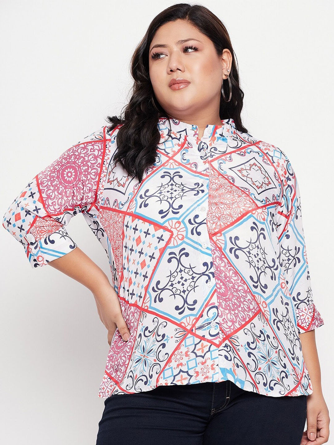 

NABIA Plus Size Ethnic Printed Mandarin Collar Satin Shirt Style Top, Red