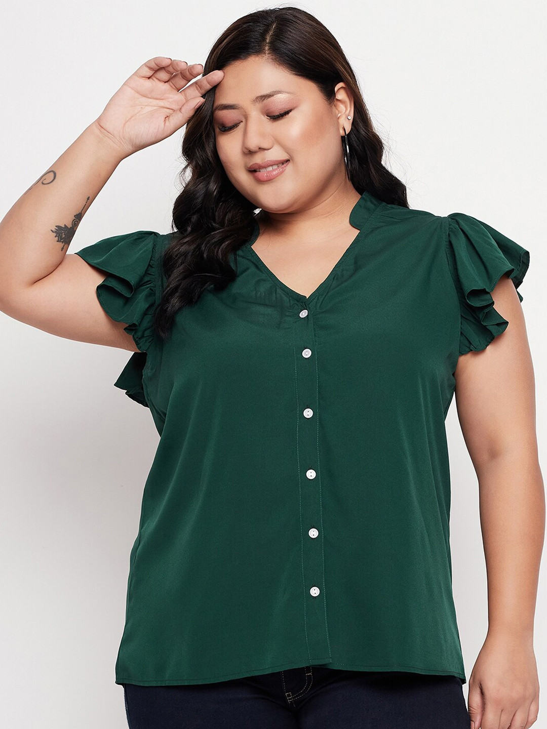 

NABIA Plus Size Mandarin Collar Flutter Sleeve Shirt Style Top, Green