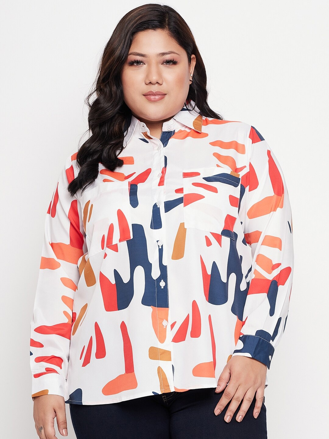 

NABIA Pluse Size Abstract Printed Shirt Style Top, White