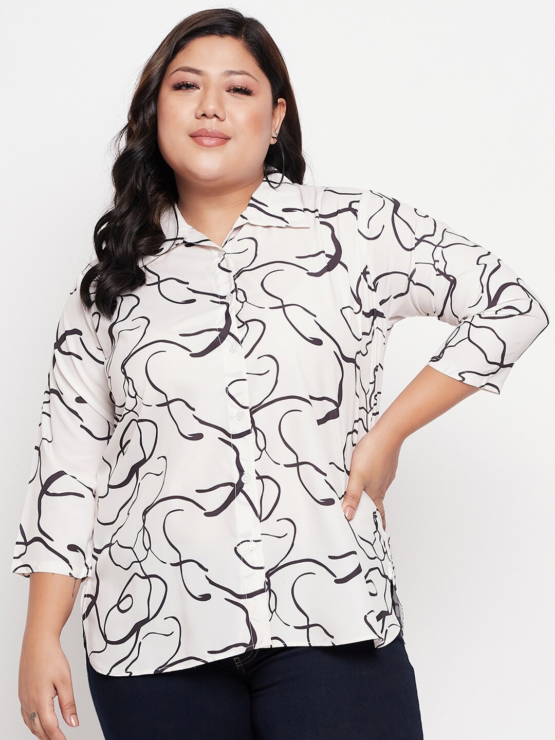 

NABIA Plus Size Abstract Printed Shirt Style Top., White