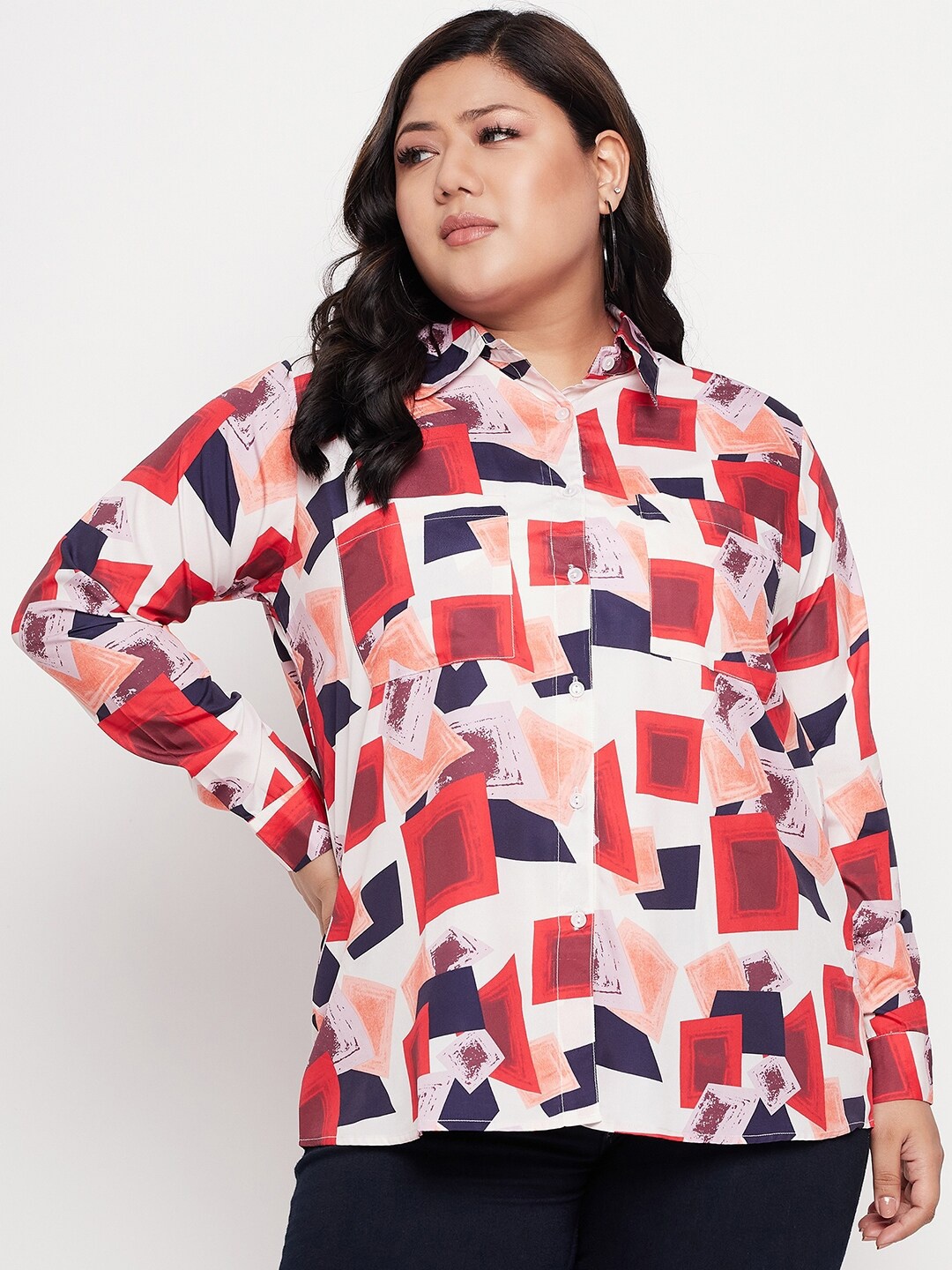 

NABIA Plus Size Geometric Print Shirt Style Top, Red