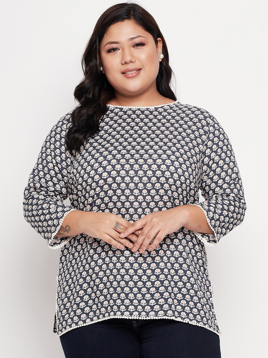 

NABIA Plus Size Grey Floral Printed Top