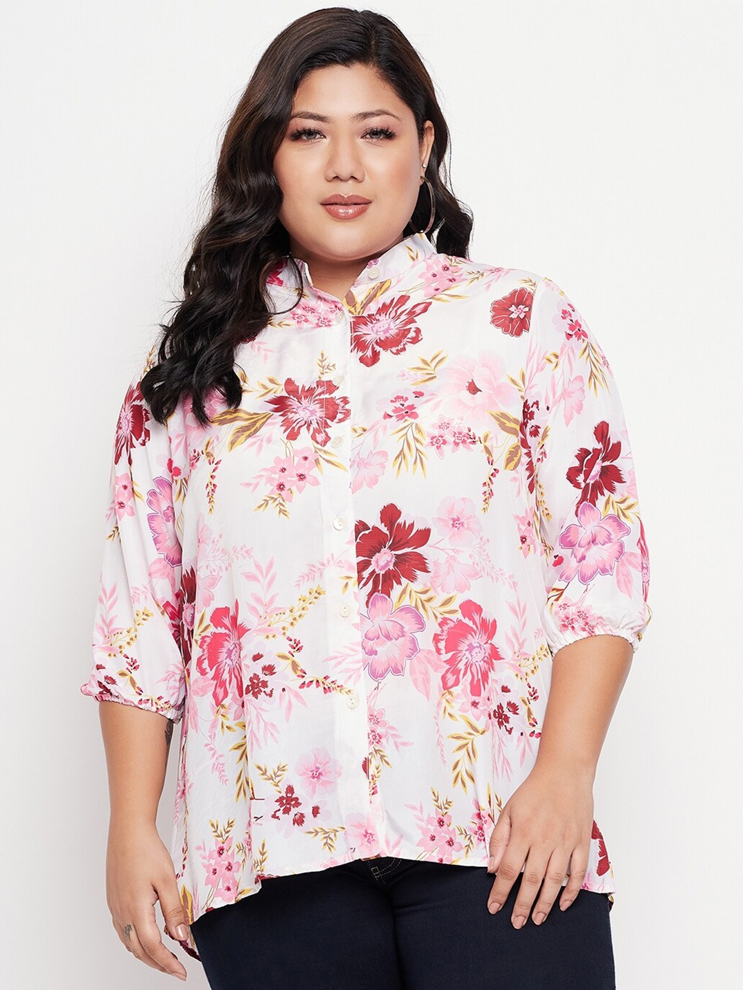 

NABIA Plus Size Floral Print Mandarin Collar Satin Shirt Style Top, Pink
