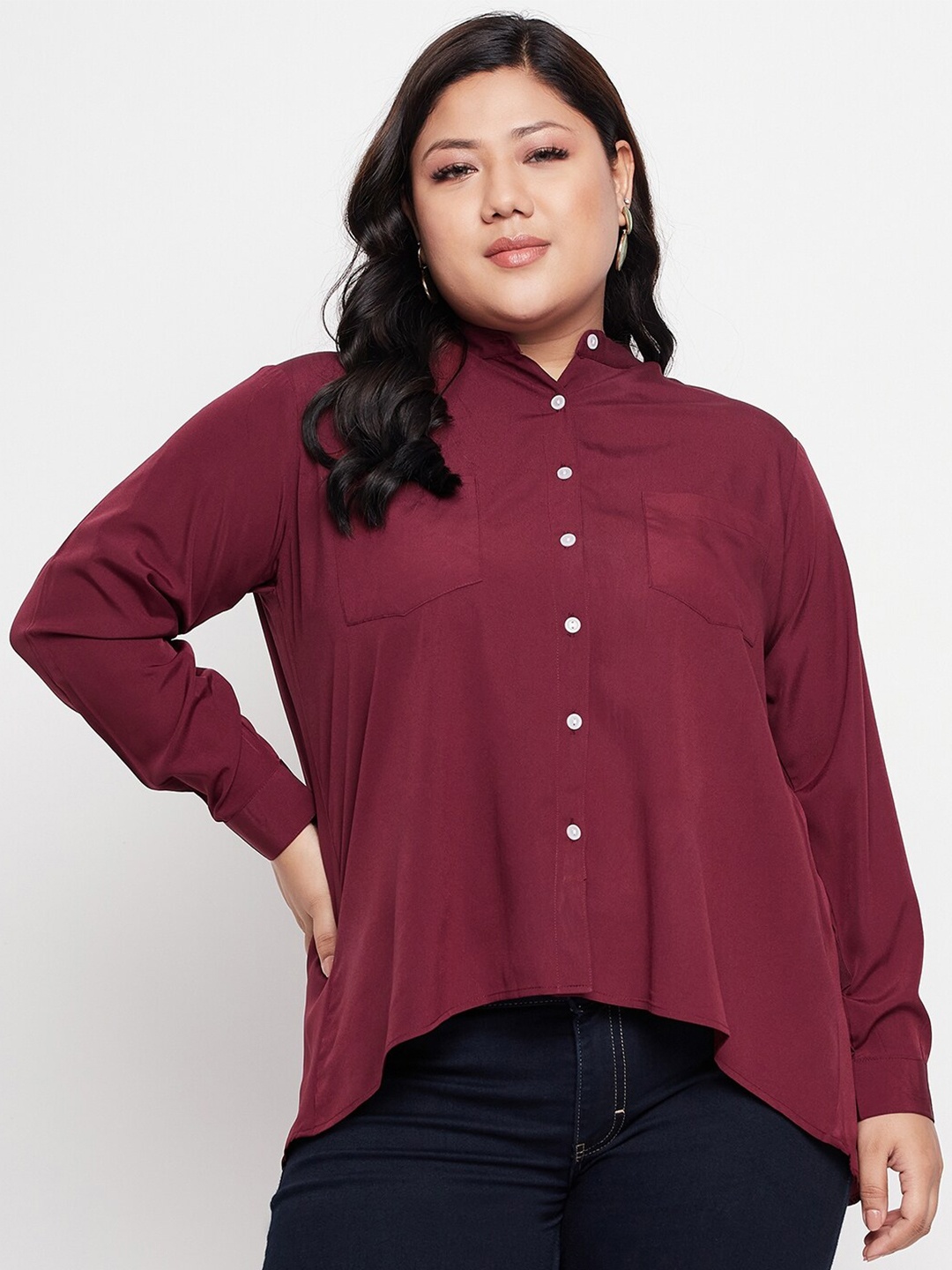 

NABIA Plus Size Mandarin Collar Shirt Style Top, Maroon