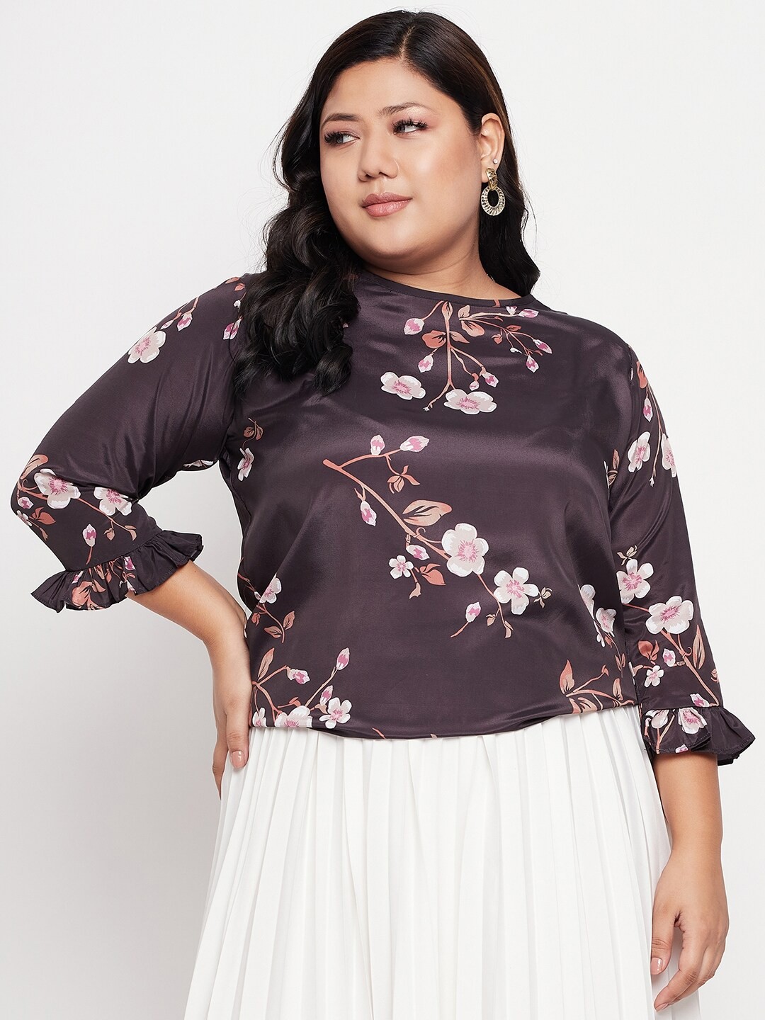 

NABIA Plus Size Floral Printed Boat Neck Satin Regular Top, Black