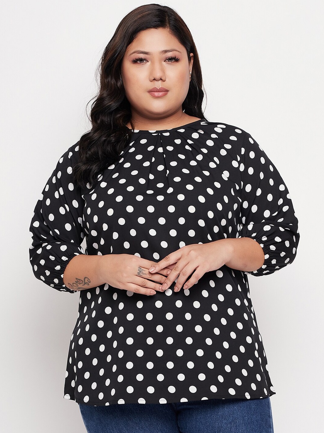 

NABIA Plus Size Polka Dot Printed Regular Top, Black