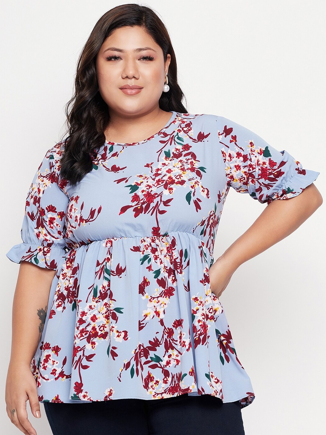 

NABIA Plus Size Floral Printed Empire Top, Blue