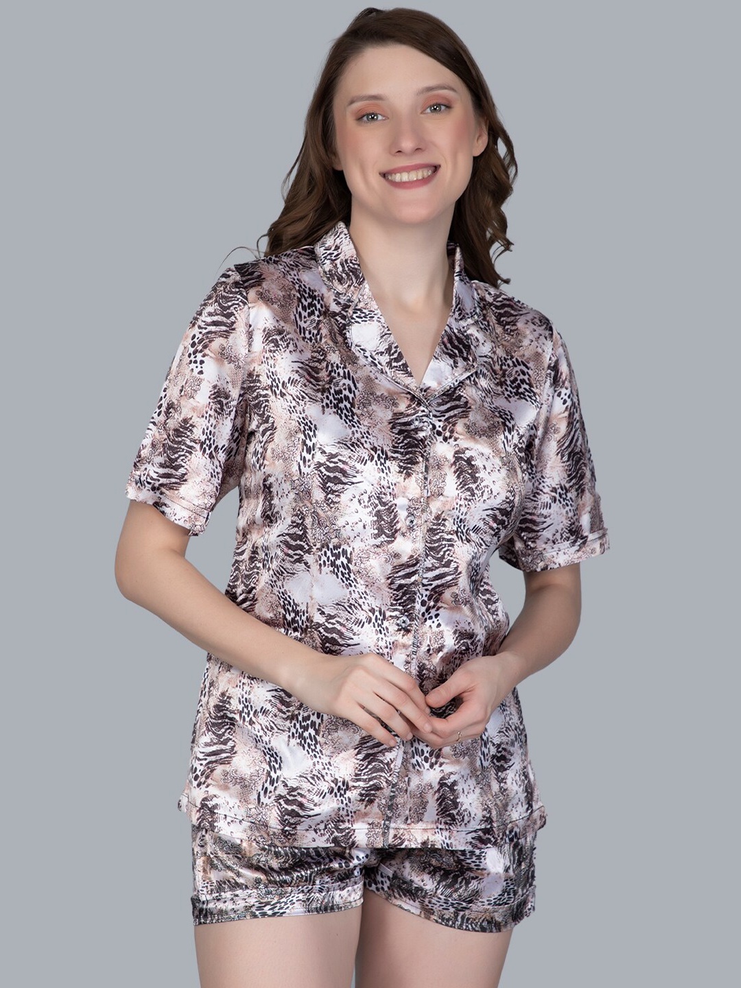 

NIGHTHOPE Animal Skin Printed Satin Night Suit, Beige