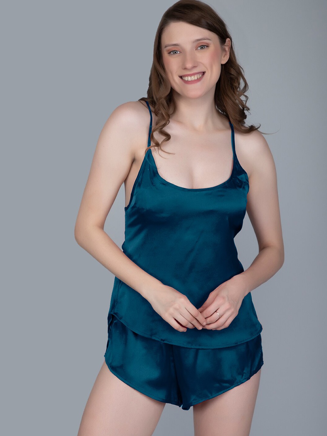 

NIGHTHOPE Shoulder Straps Satin Night Suit, Teal