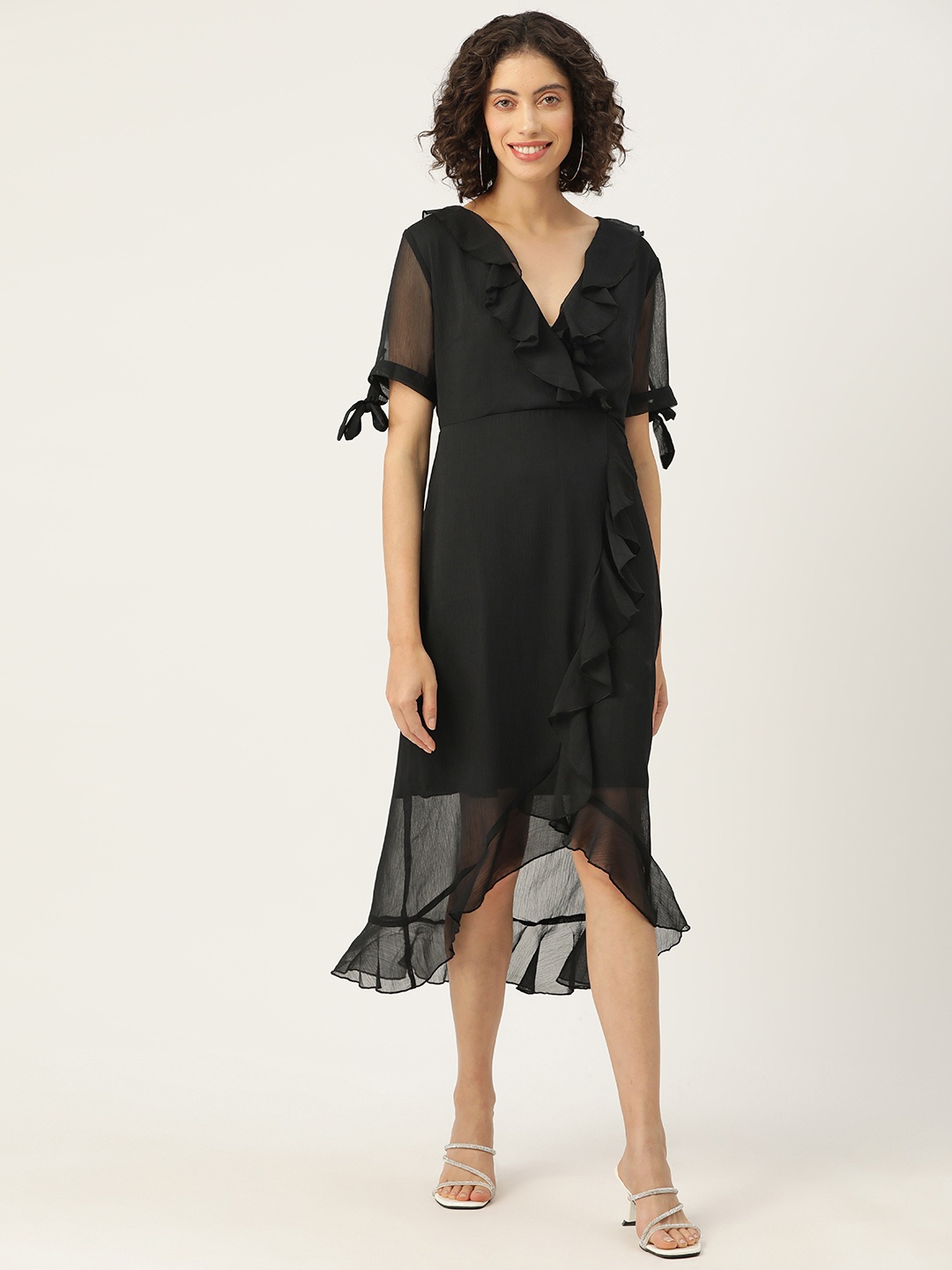 

Rue Collection Solid Puff Sleeve Ruffled Chiffon A-Line Midi Dress, Black