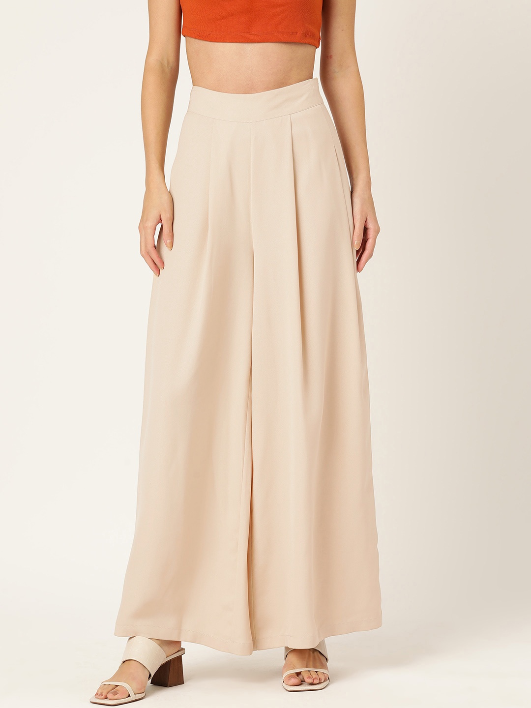 

Rue Collection Women Relaxed Loose Fit High-Rise Pleated Trousers, Beige