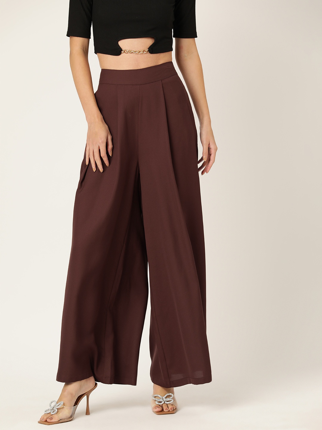 

Rue Collection Women Relaxed Loose Fit High-Rise Pleated Trousers, Brown