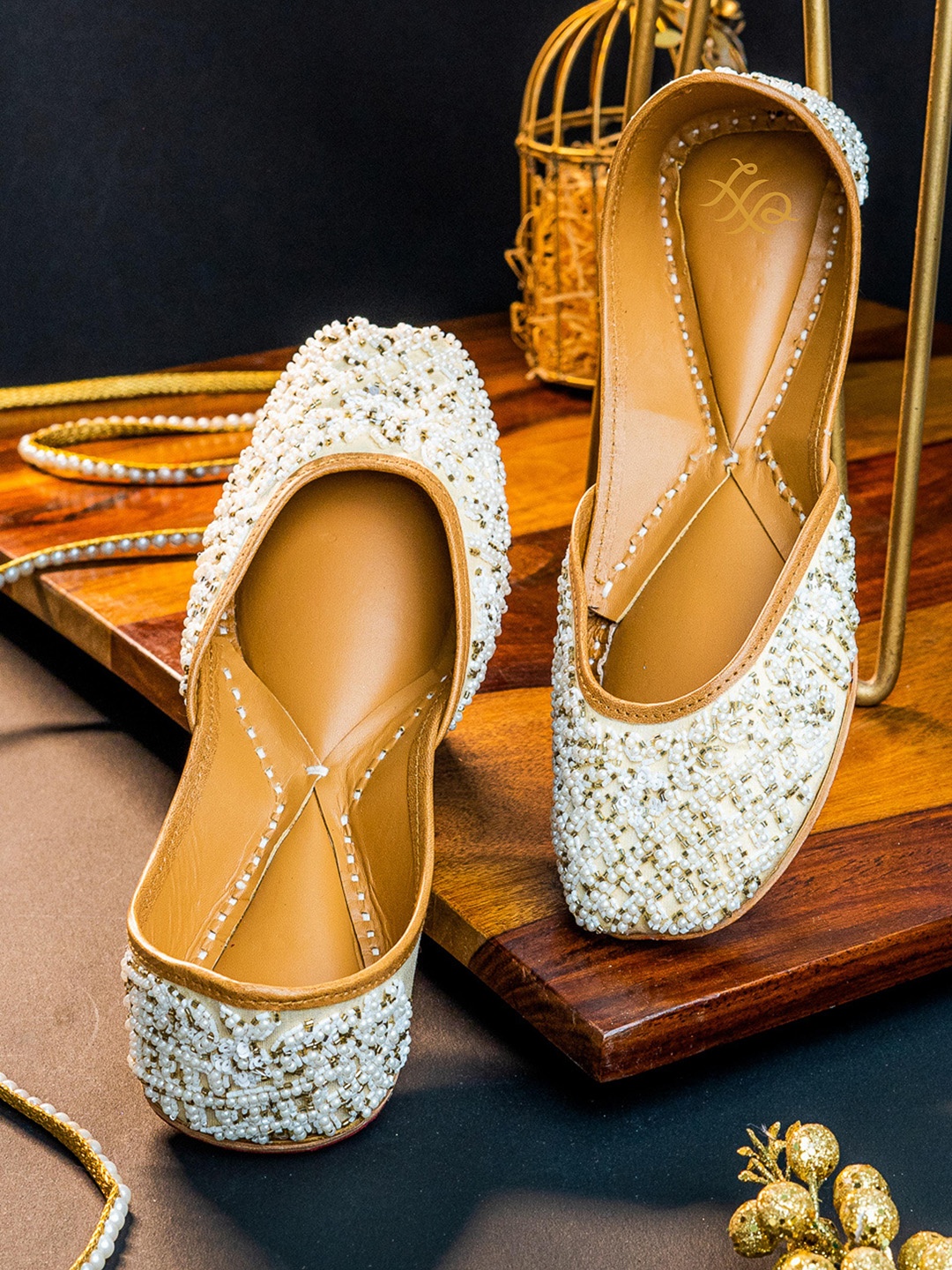 

House of Pataudi Square Toe Ethnic Embellished Fabric Mojaris, Cream