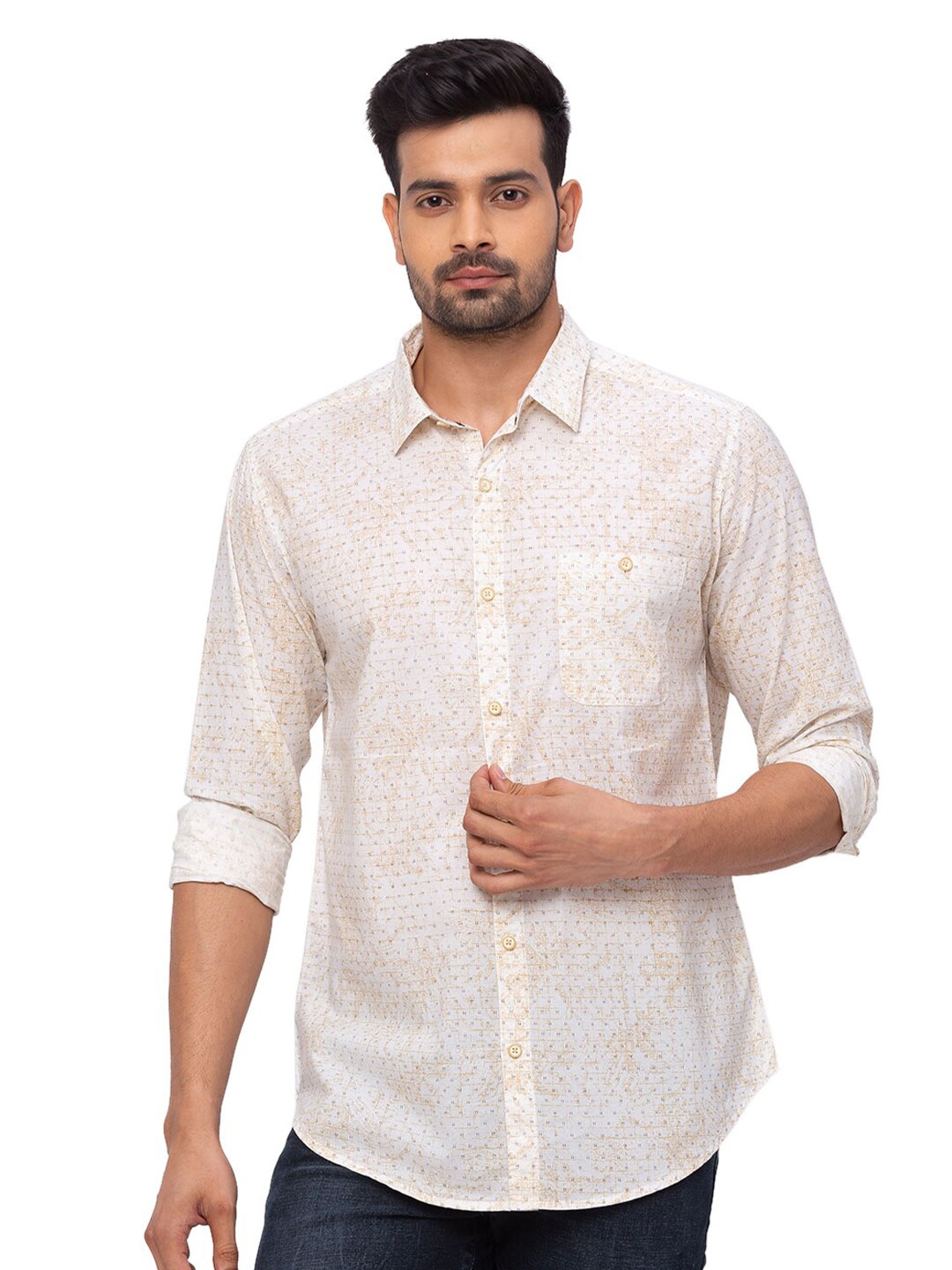 

SNX Classic Tailored Fit Abstract Printed Pure Cotton Casual Shirt, White