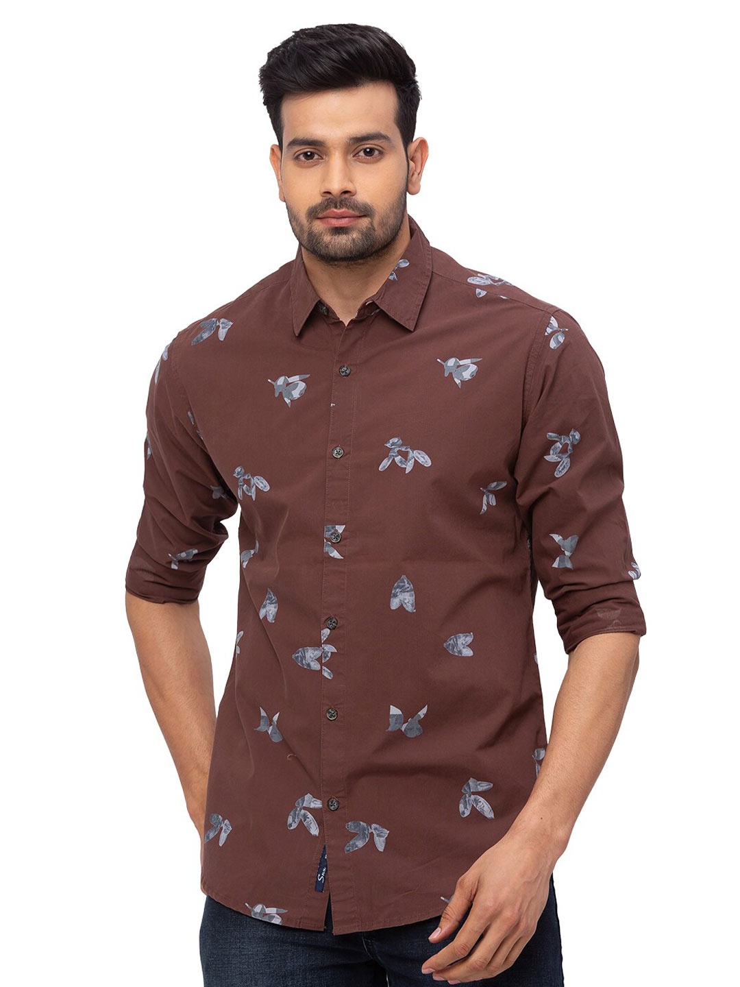 

SNX Classic Conversational Printed Cotton Tailored Fit Casual Shirt, Brown
