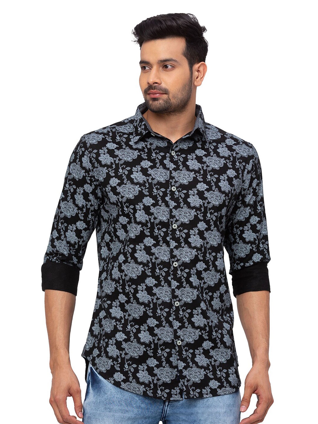 

SNX Classic Tailored Fit Floral Printed Pure Cotton Casual Shirt, Black